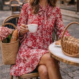 SUNDAYS Parisian Red Cherry Blossom Floral Tie-Neck Dress | Large